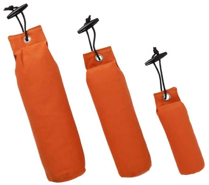 Three orange Fetch Dummy sizes on white