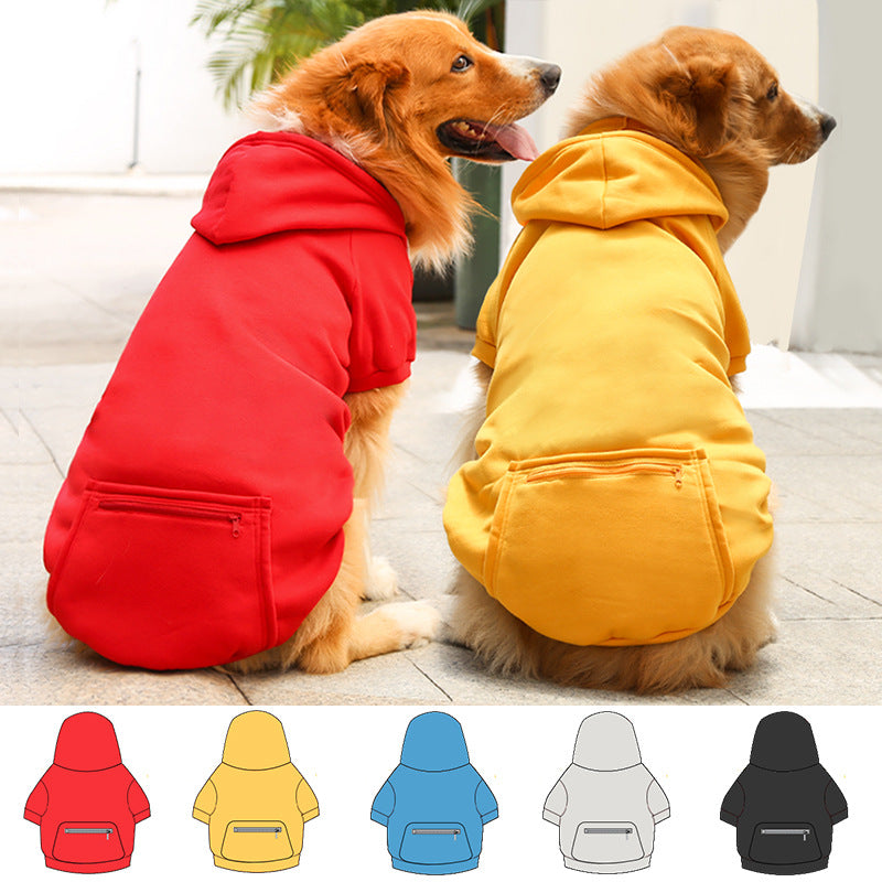 Red and yellow Walk Hoodies on two large dogs outdoors