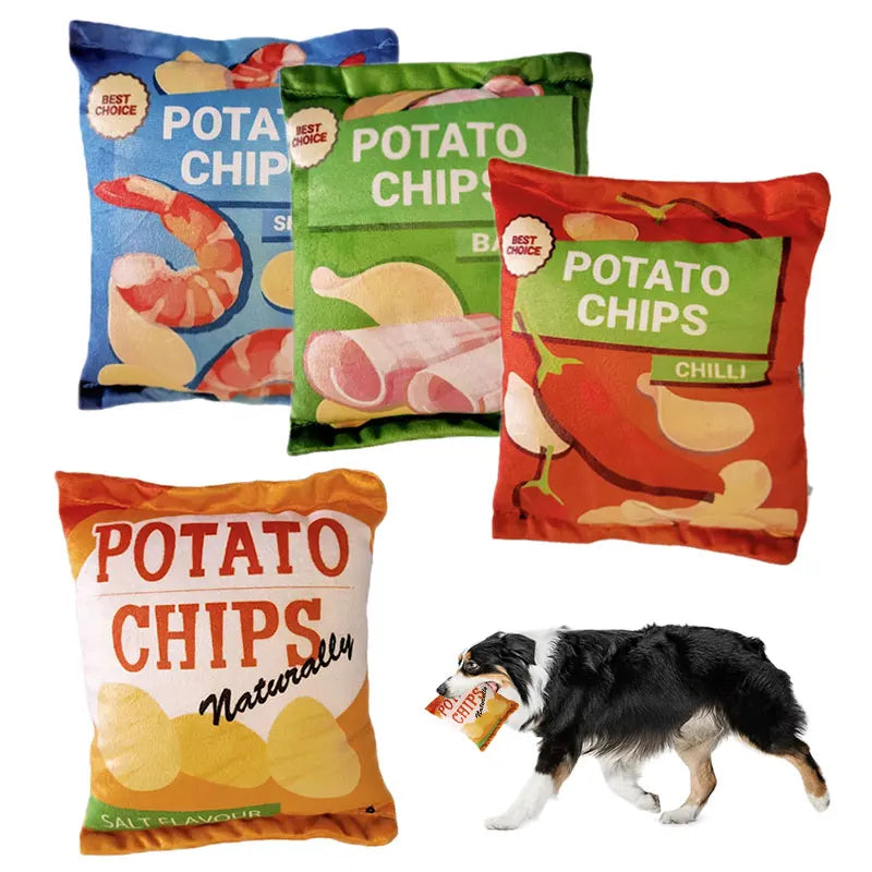 Four Chip Bag flavors; salt bag in a dog's mouth