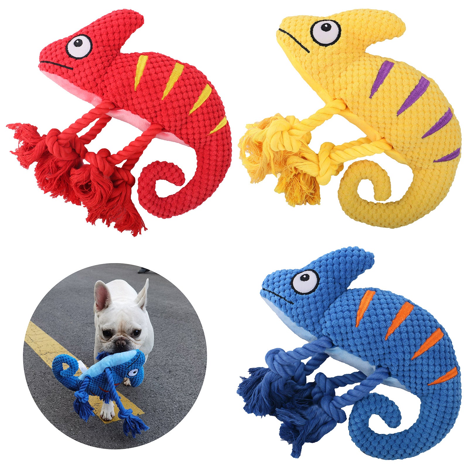 Red, yellow, and blue Plush Lizard on white