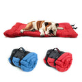 Travel Mat in red and blue, open and rolled