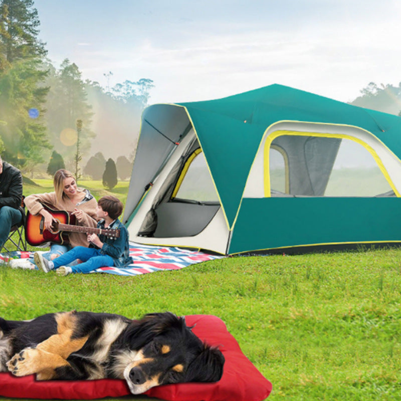 Red Travel Mat at camp with a medium dog