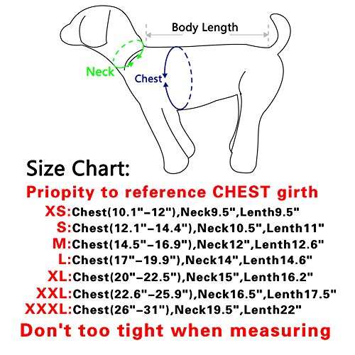 Walk Coat size chart, chest first, XS to 3XL