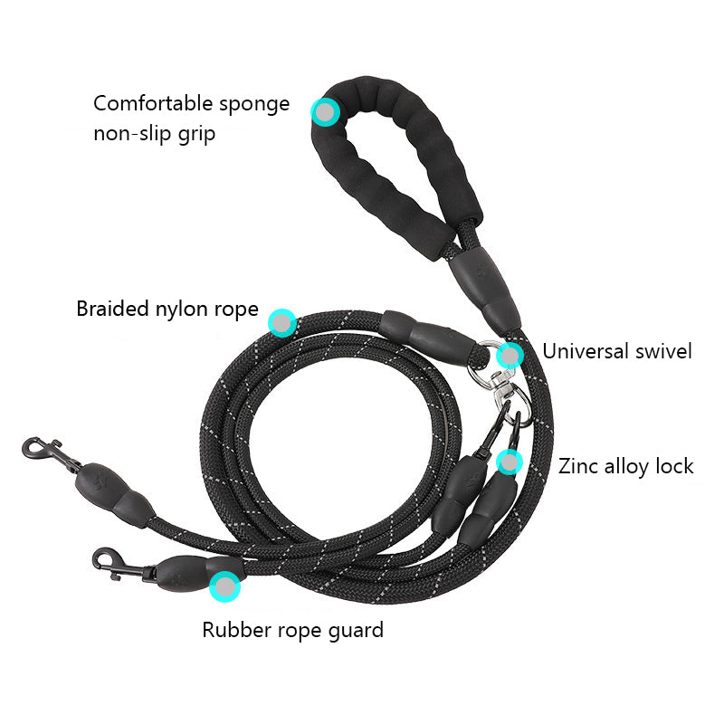 Dual Leash parts: foam grip, rope, swivel, clips