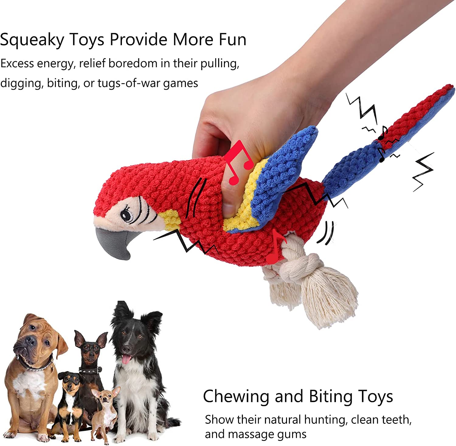 Hand squeezing a Plush Parrot