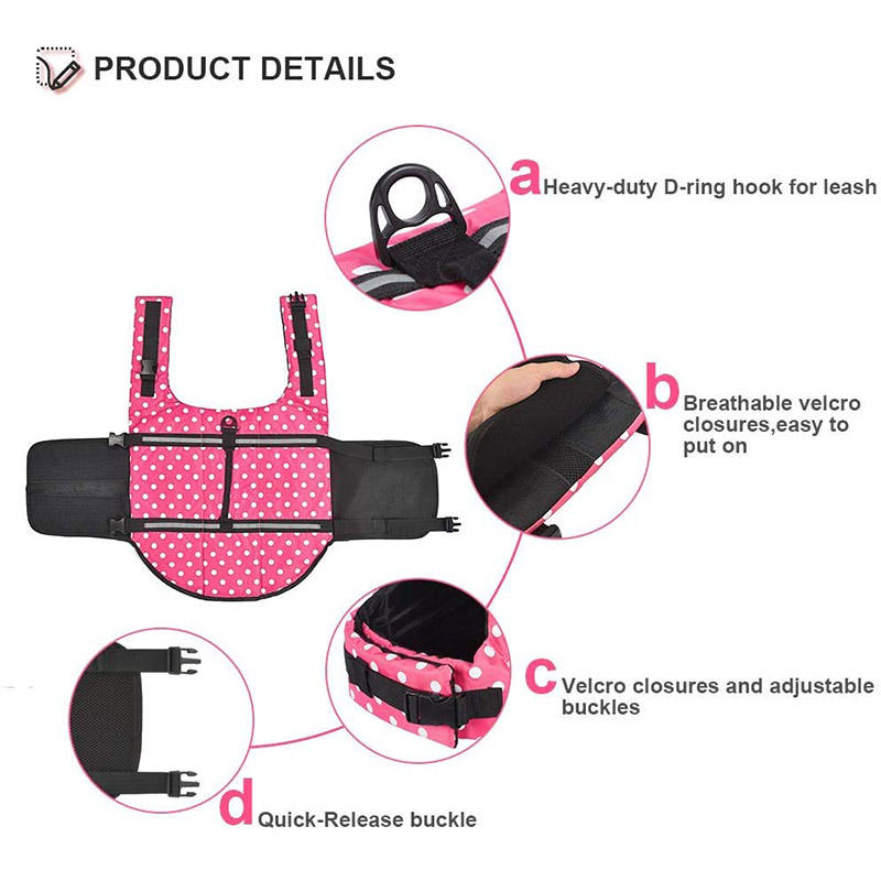 Pink polka Life Jacket flat, D-ring, mesh, buckles