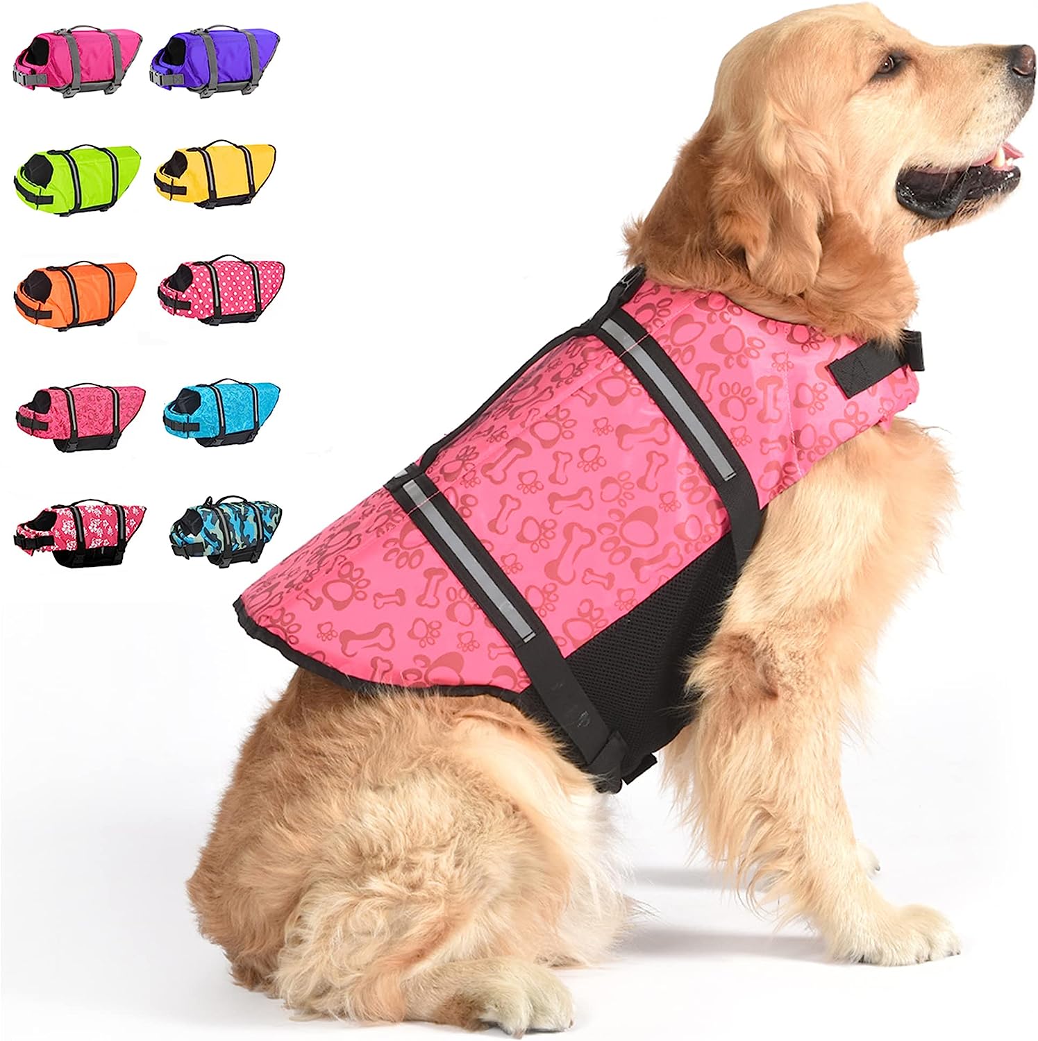 Pink Life Jacket on a Golden Retriever, ten color thumbs