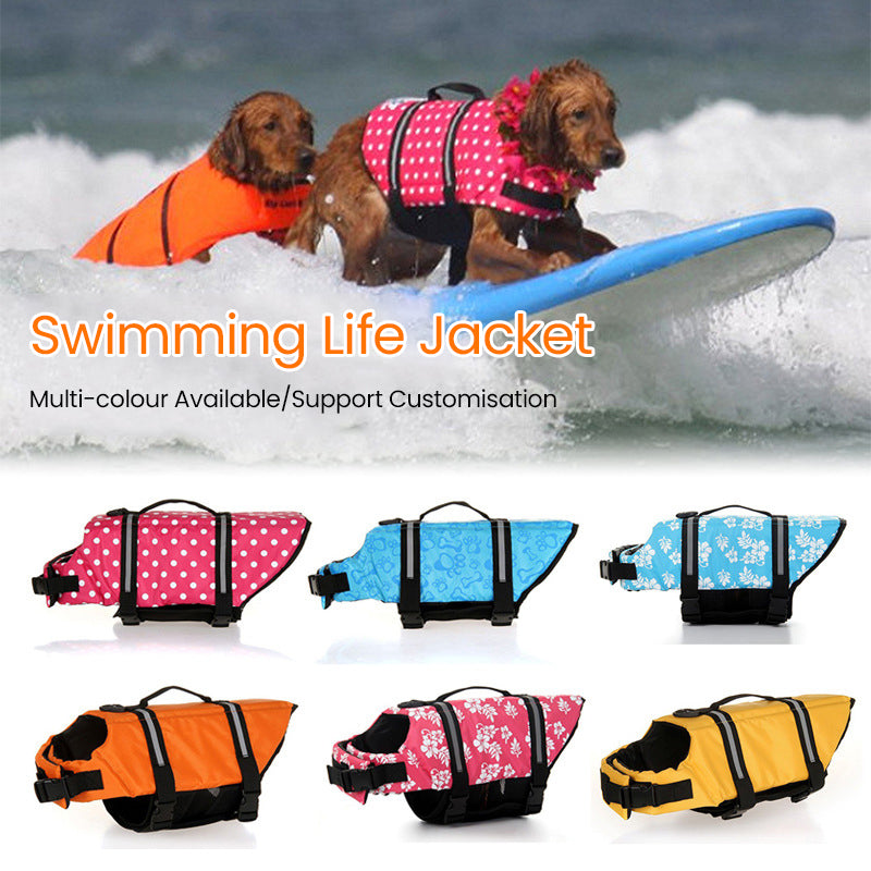 Two dogs in water and six Life Jacket colorways