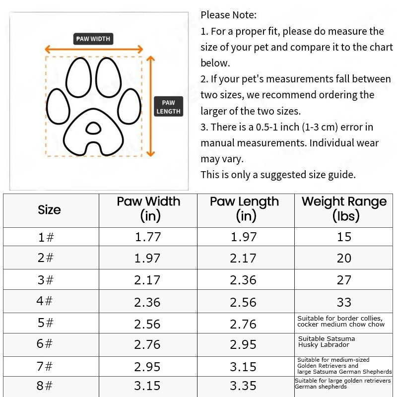 Walk Boots size chart, sizes 1 through 8