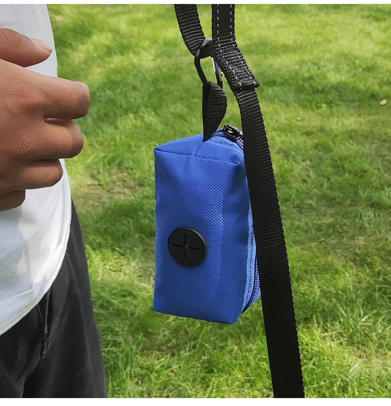 Blue Bag Holder clipped to a leash