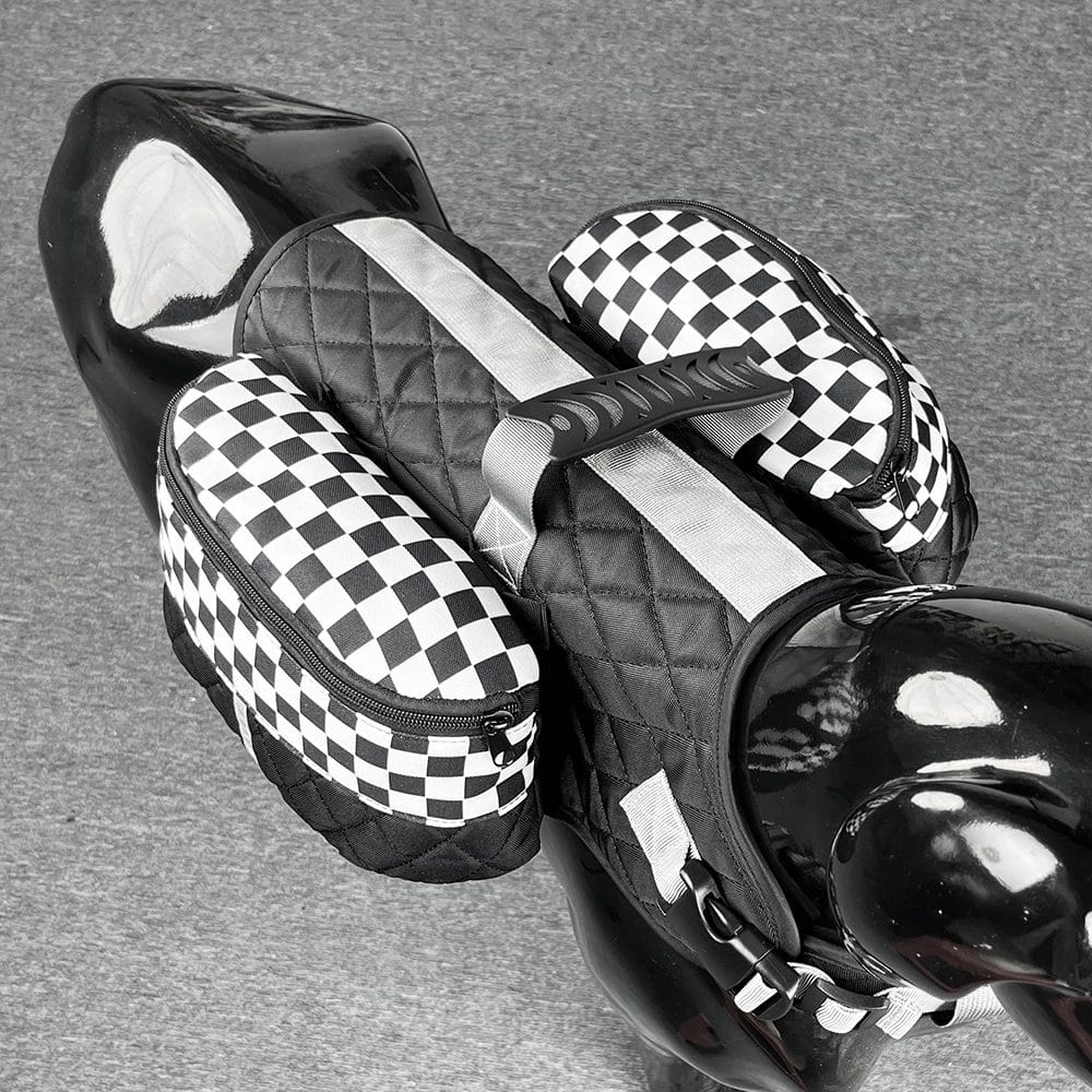 Black Saddle Pack with checkered pouches on a mannequin