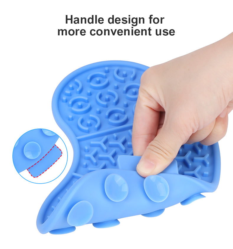Blue lick mat peel-tab and underside suction cups