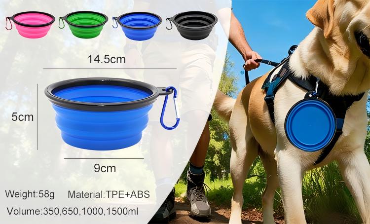 Blue Go-Bowl size callouts and bowl clipped to a dog harness on a trail