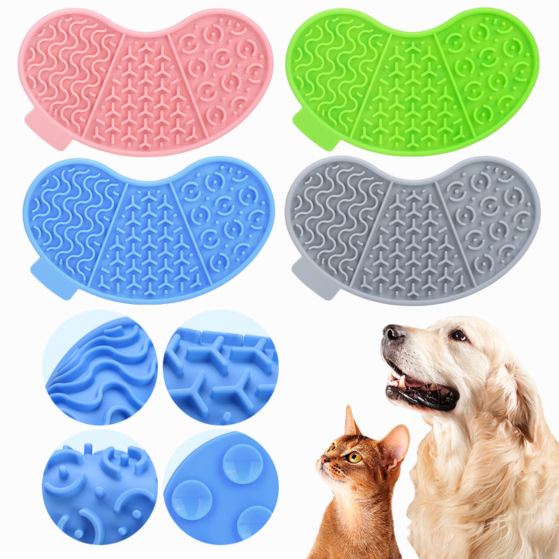 Four OrvelloGo lick mat colors with texture and suction-cup close-ups