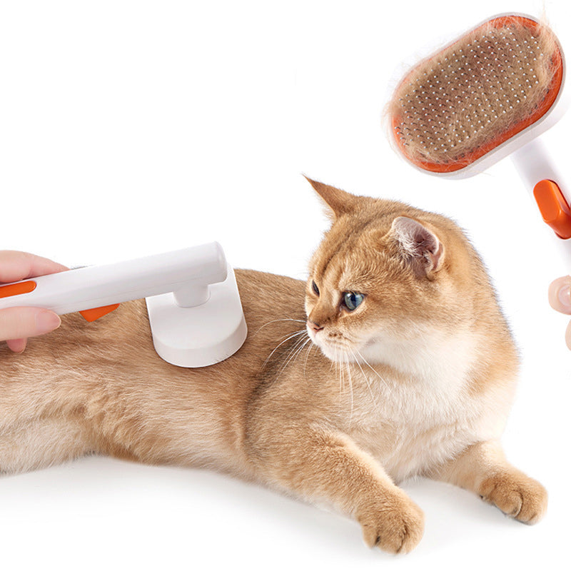 Shed brush in use on a short-hair cat, loose hair on the pins