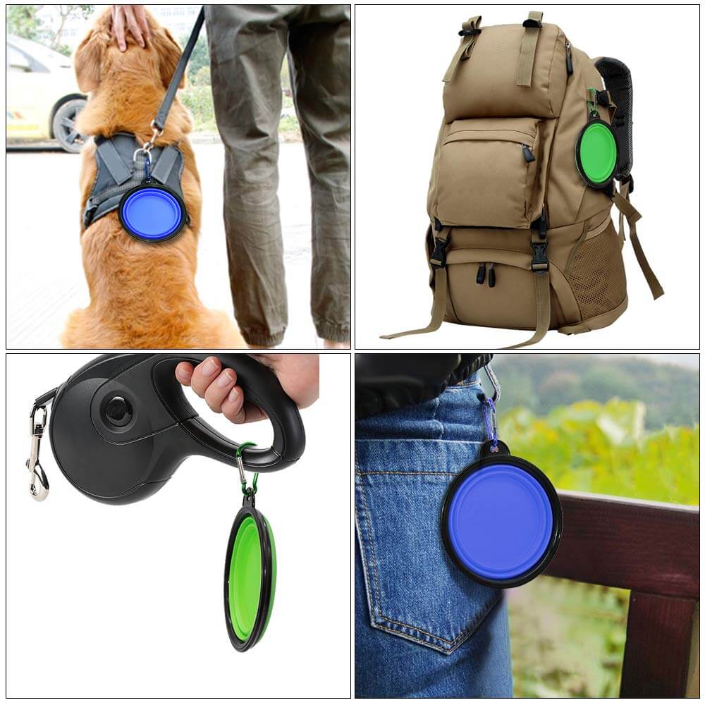 Collapsed Go-Bowl clipped to a harness, pack, leash, and belt loop