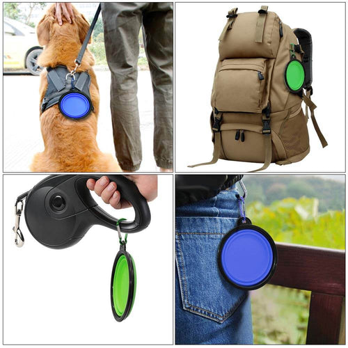 Collapsed Go-Bowl clipped to a harness, pack, leash, and belt loop
