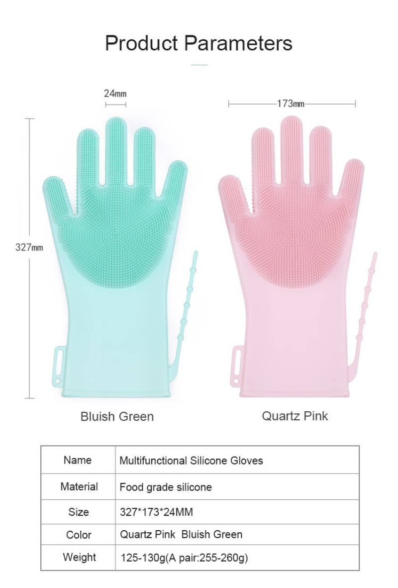 Bath Gloves in green and pink with dimensions
