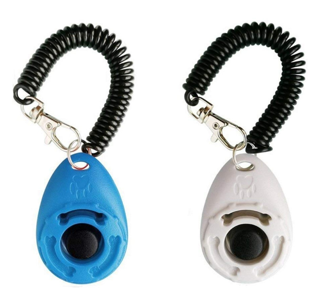 Blue and white Train Clicker with coiled wrist straps, same teardrop mold