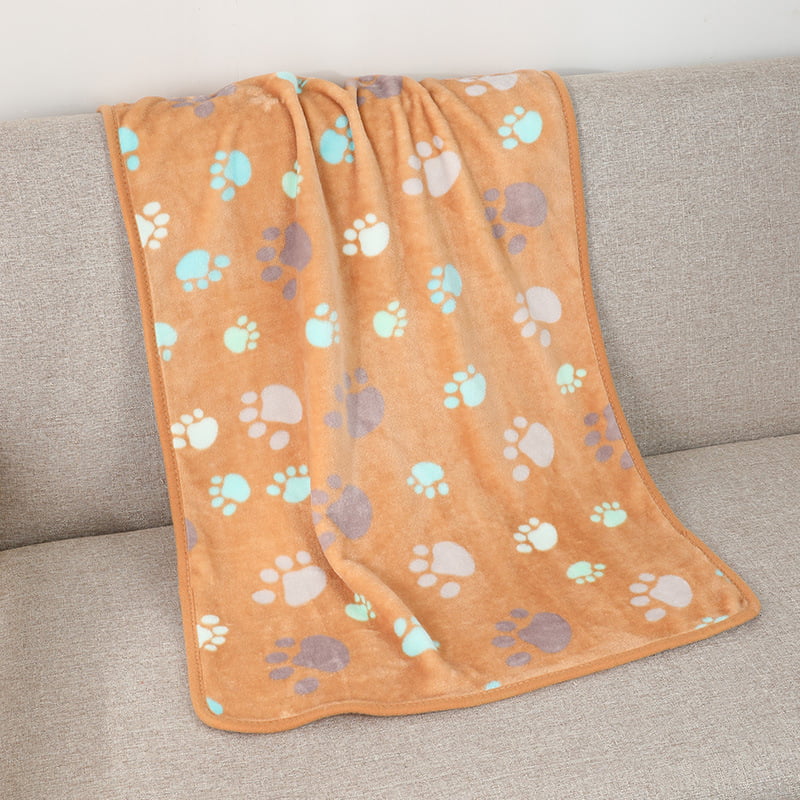 Pet Blanket, tan fleece with teal and grey paw prints