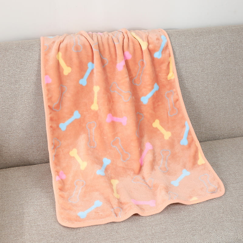 Pet Blanket, peach fleece with blue, yellow, and pink bones