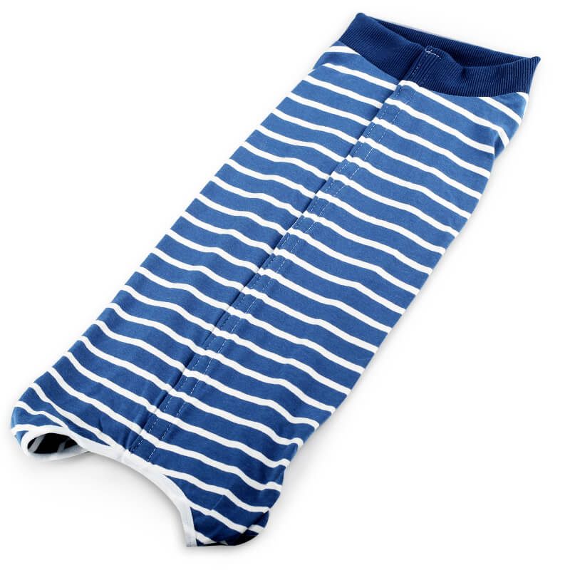 Blue-and-white stripe Recover Suit laid flat, navy collar, same onesie mold