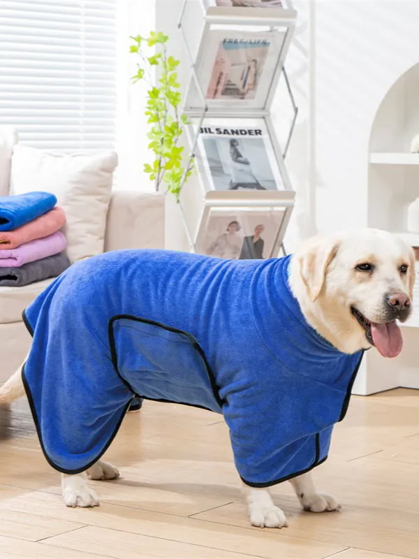 Blue Dry Robe on a Labrador, other colors stacked