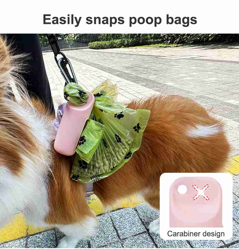 Pink Walk Clip holding a knotted bag on a leash