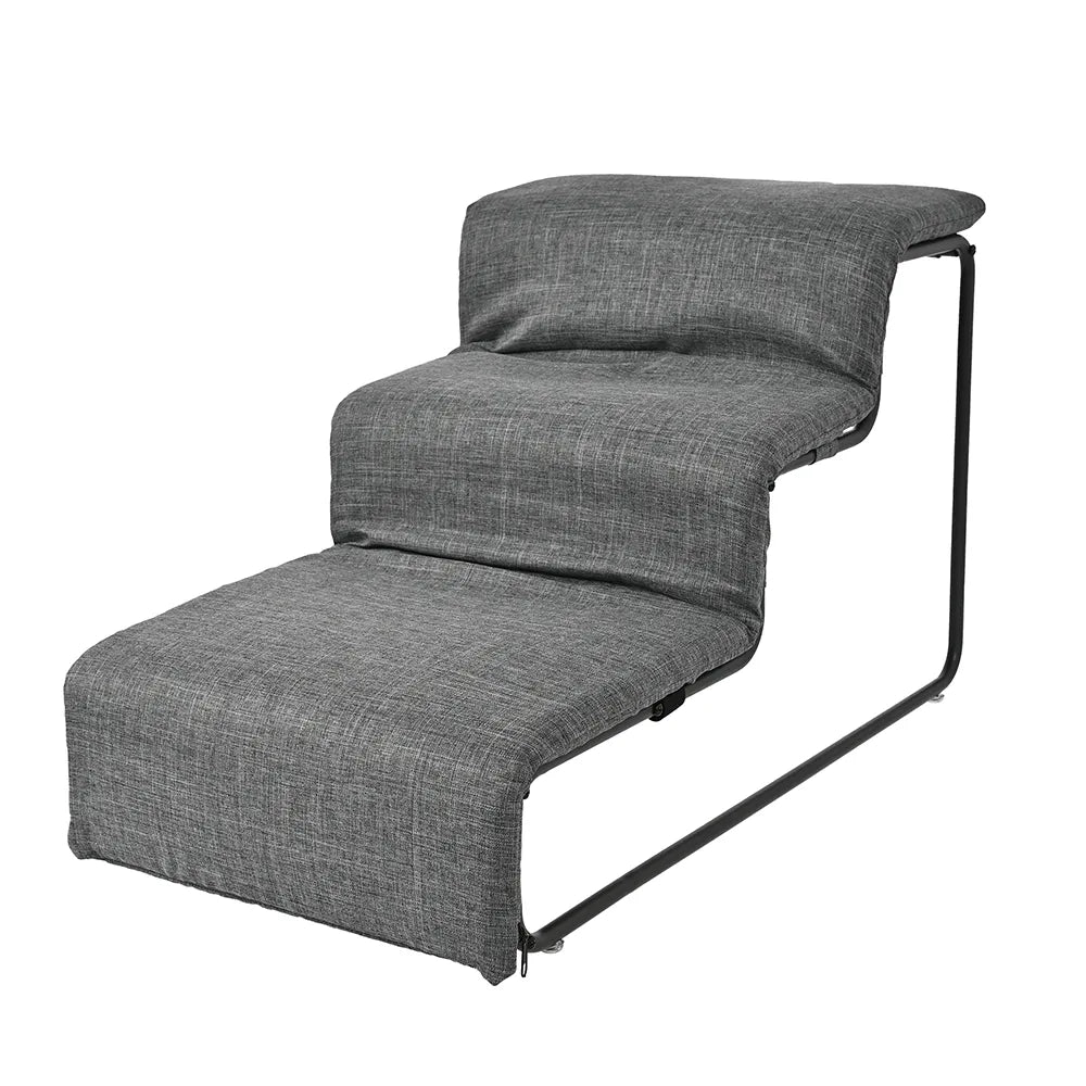 Grey three-step Pet Stairs with a black steel frame