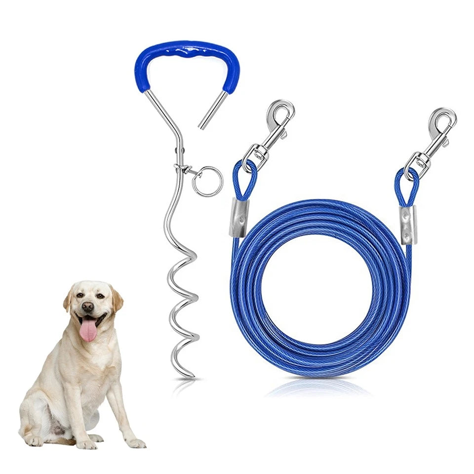 Blue Yard Cable coiled with a spiral ground stake