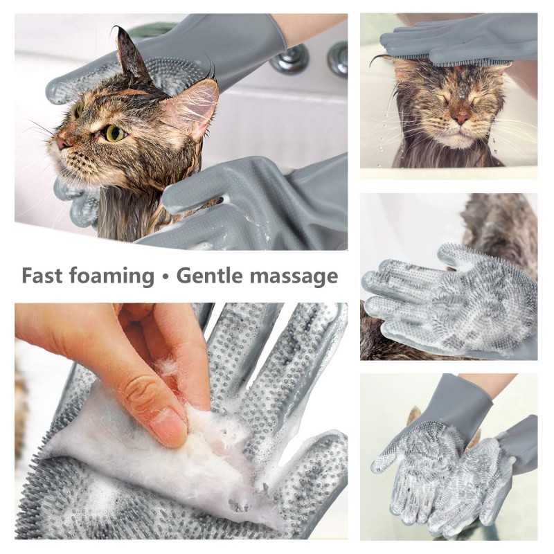 Gray Bath Gloves on a wet cat
