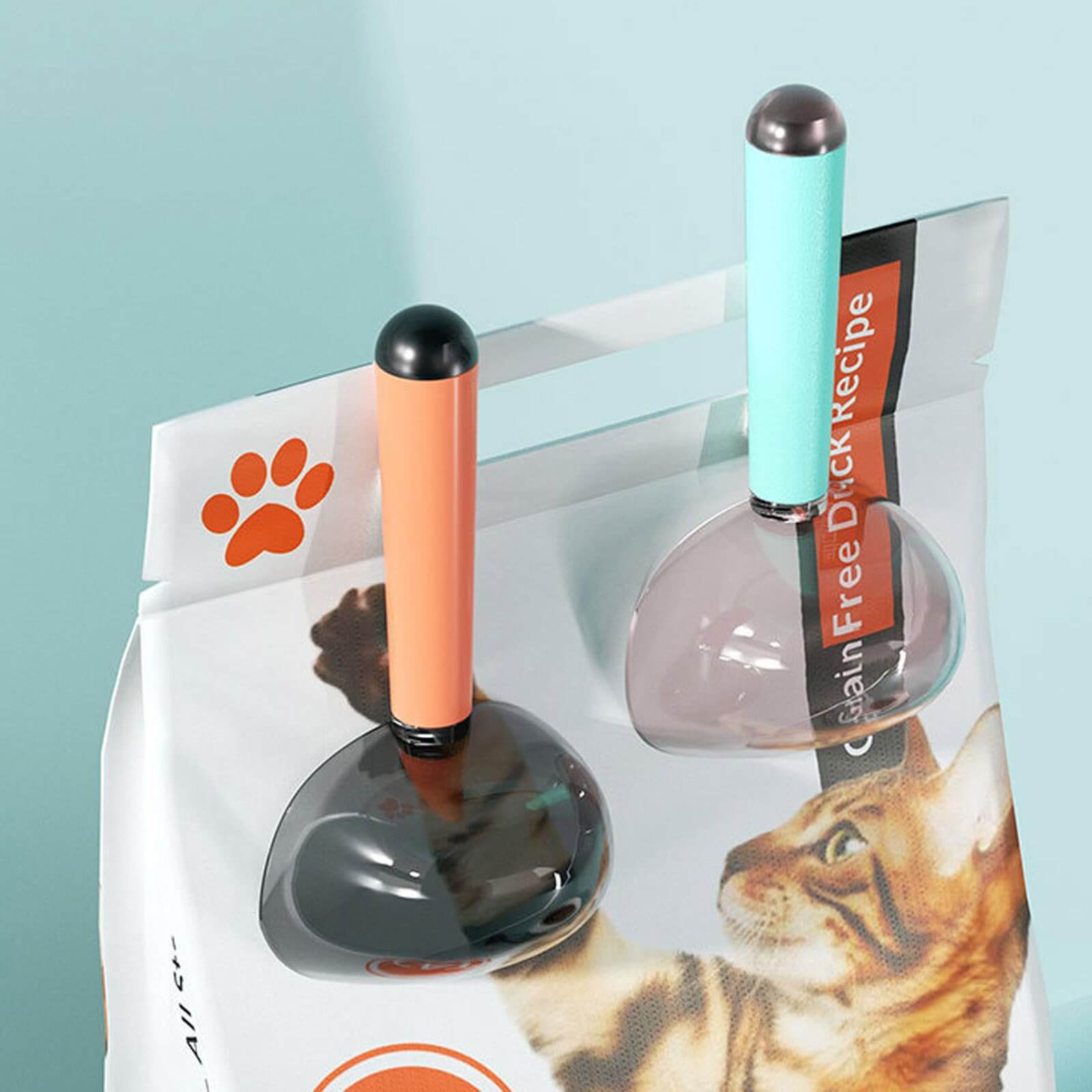 Orange and green Food Scoops on a bag