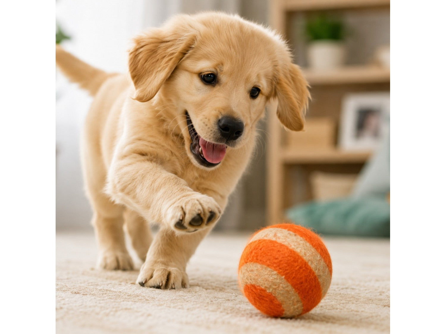 Puppy playing with an orange striped Felt Toss Ball