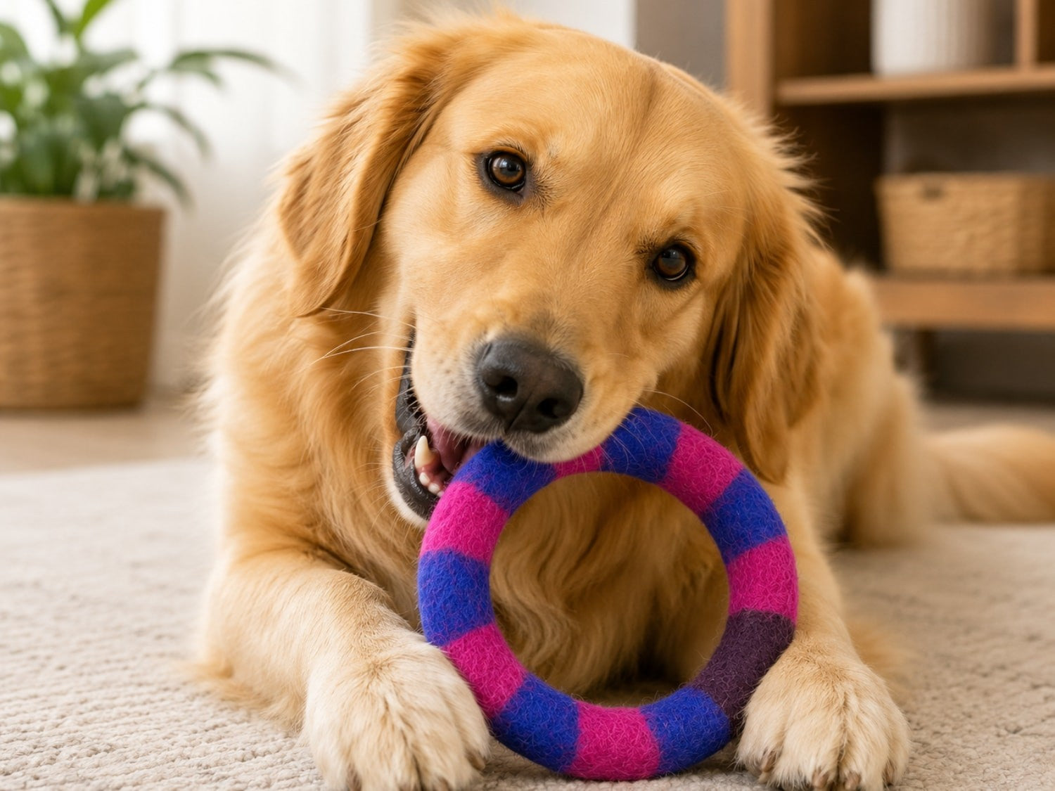 Golden retriever with a pink and blue Felt Ring