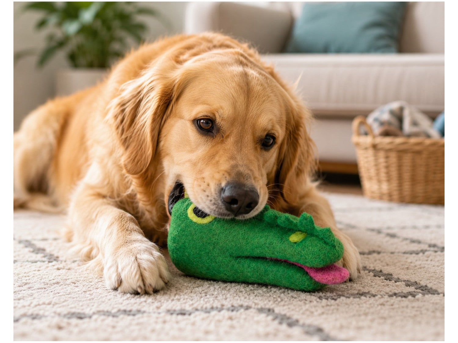 Golden retriever chewing a Felt Alligator