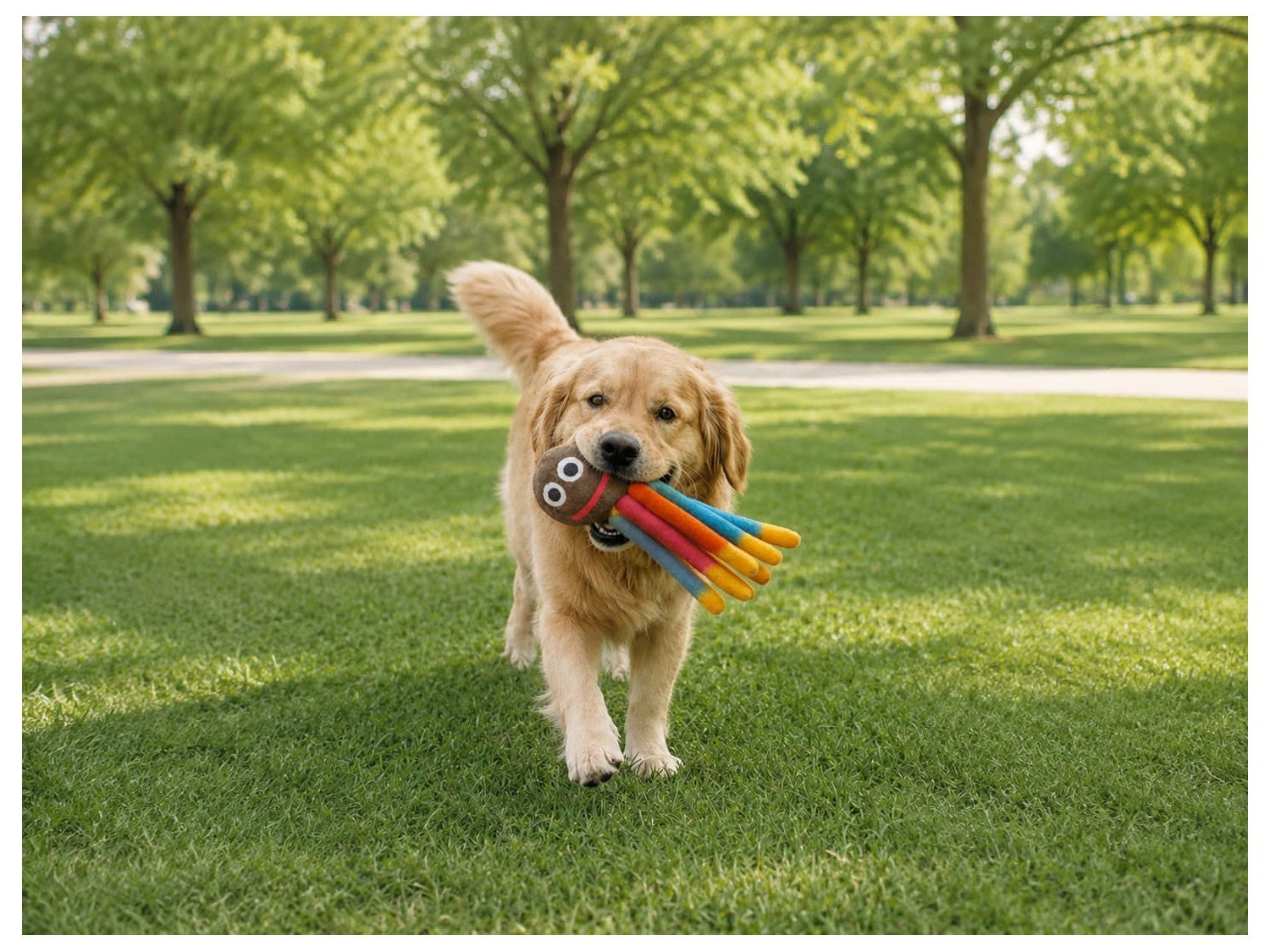 Golden retriever carrying a Felt Octopus