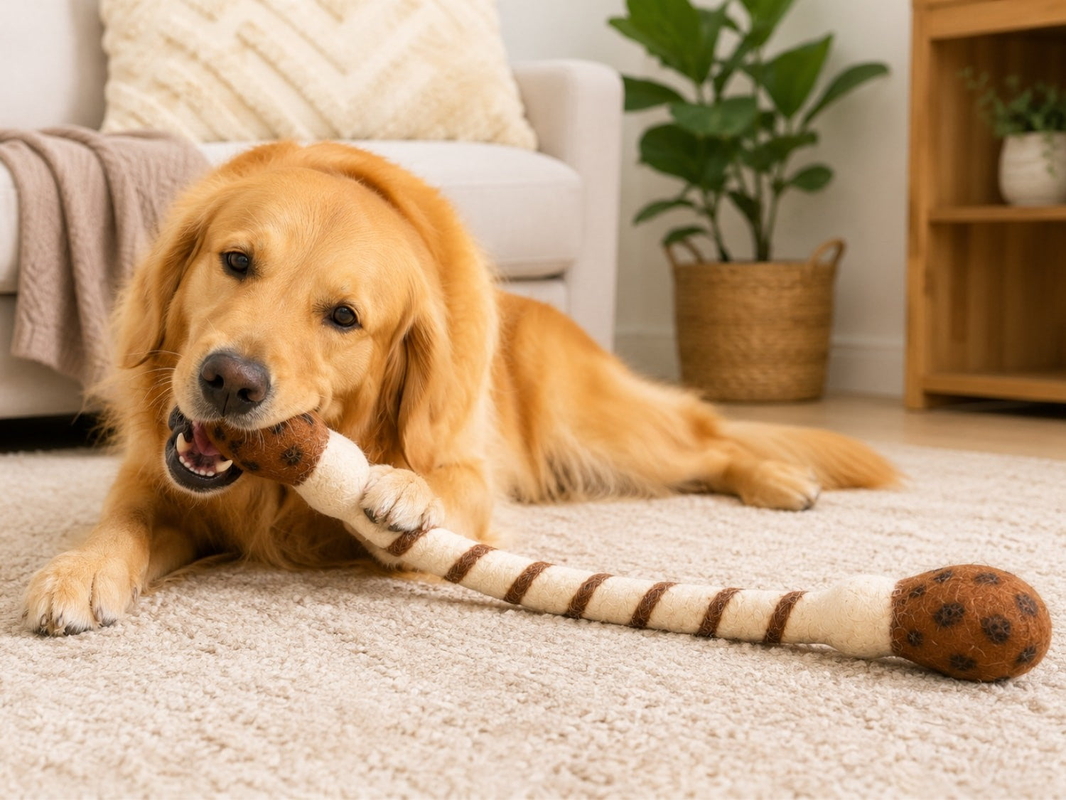 Golden retriever playing with a Felt Turkey